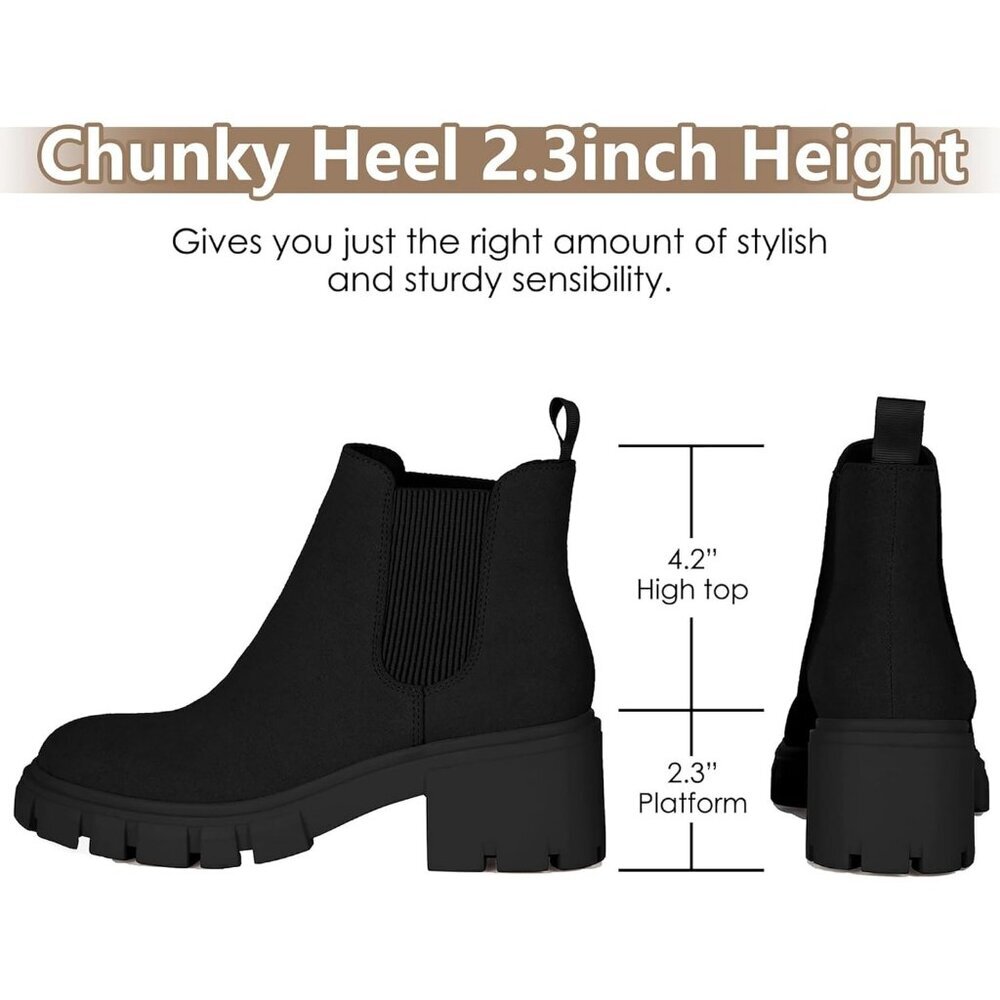 Athlefit Women's Black Suede  Lug Sole Chunky Heel Slip on Chelsea Boot - Picture 3 of 6